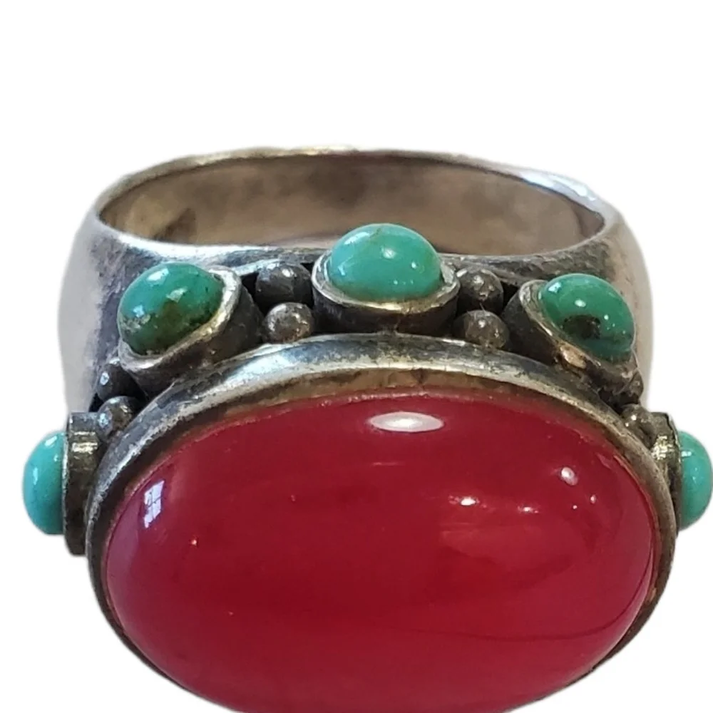 Vintage Sterling Large Turquoise and Gemstone Ring - Picture 5 of 15
